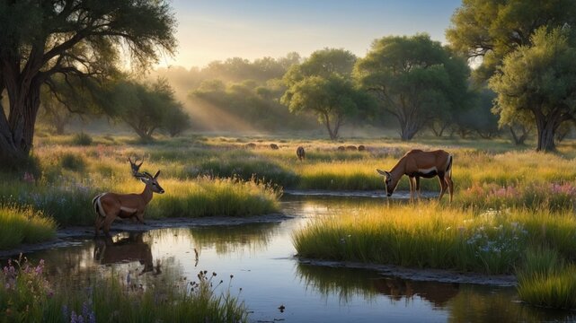 Serene landscape depicting antelopes by a tranquil stream surrounded by lush greenery and wildflowers