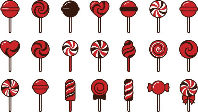 Set of colorful red round and heart shaped lollipops