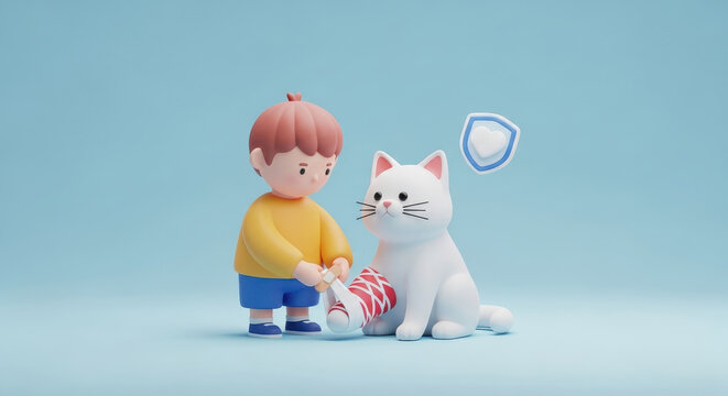 Child caring for injured cat with bandaged leg and protection shield symbol for pet healthcare, veterinary support and animal wellbeing