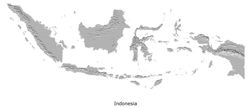High-contrast, joy-plot style topographic map of Indonesia, illustrating the vast archipelago's complex island chains, volcanic spines, and sprawling marine geography using stacked ridge lines.