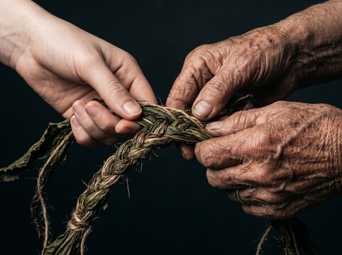 Conceptual macro shot of young and old hands weaving traditional Aveluk