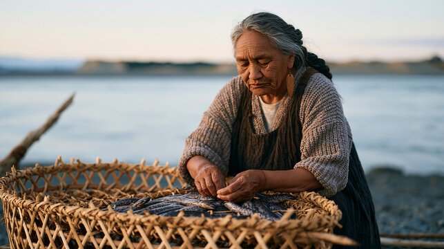 Maori fisherwoman sorting freshwater eels from a traditional hinaki trap on a river bank at dusk, handwoven basket beside her, New Zealand indigenous food harvesting, Pacific