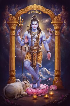 Powerful Vishwanatha &mdash; Lord Shiva as the Supreme Lord of the Universe. Blue-skinned four-armed figure with trident, damaru and axe, standing before cosmic sky and sacred Himalayan landscape.