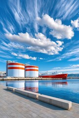 Fototapeta premium LNG terminal with large storage tanks and red cargo ship under dramatic cloud sky at harbor