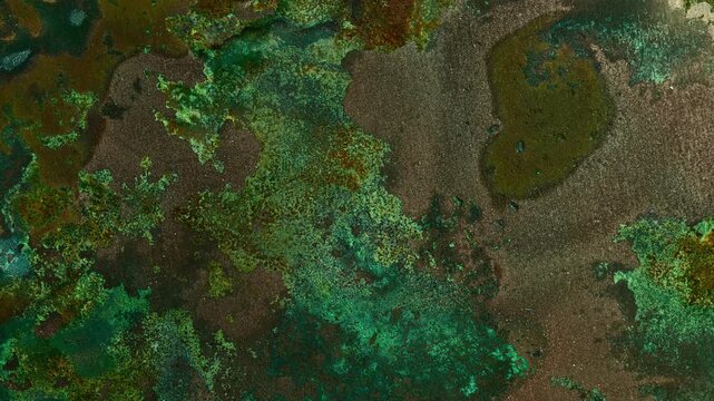 Timelapse of copper oxidation with verdigris and crystal formation. Colorful chemical reactions create abstract mineral patterns and evolving corrosion textures on a copper surface