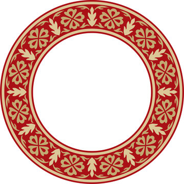 Vector gold with red round Turkish national ornament. Ottoman border, frame. Ethnic floral circle, ring, Seljuk Turks pattern. Decoration of the Sultan's palaces.