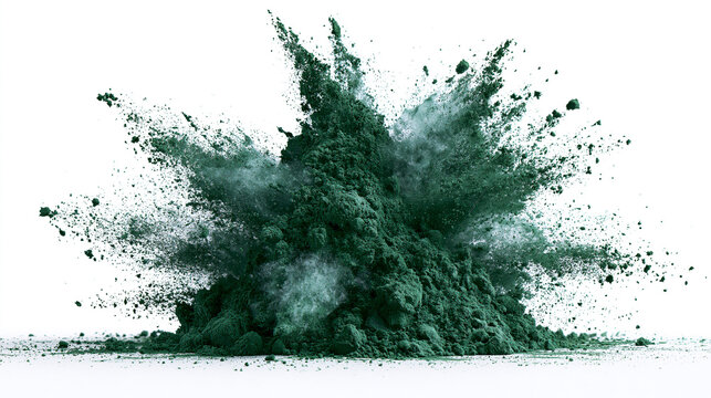 Dynamic explosion of dark green spirulina microalgae powder isolated on white background, natural cosmetic ingredient and skincare advertising banner concept.