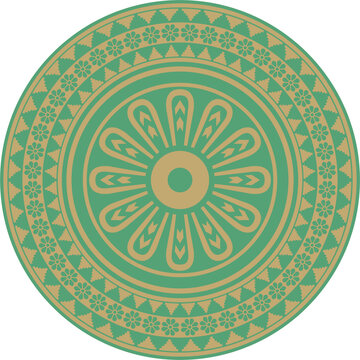 Vector round Assyrian gold with green ornament. Circle, border, frame of Mesopatamia. Pattern, ring of the ancient East.
