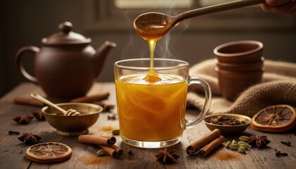 Fototapeta premium Golden honey dripping from wooden spoon into glass cup of steaming herbal tea surrounded by cinnamon star anise cardamon on table