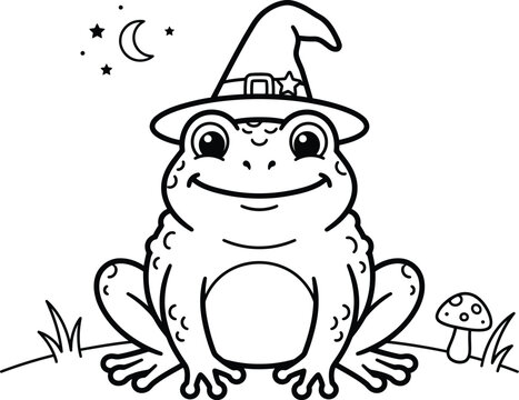 Cute Halloween frog wearing witch hat coloring page