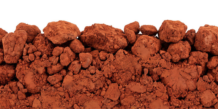 Raw red clay soil texture with large earth clods and crumbly dirt particles isolated on transparent background for landscape design projects with captured even lighting emphasize rugged PNG