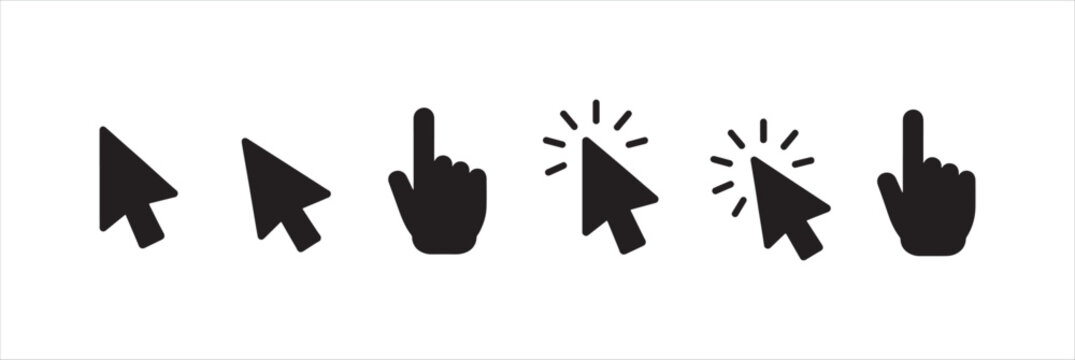 Mouse arrow and hand pointer solid icons set.
