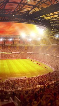 Packed 3D soccer stadium at sunset with illuminated field and cheering crowd. Concept of football tournaments, live events, fan engagement and sports marketing campaigns.