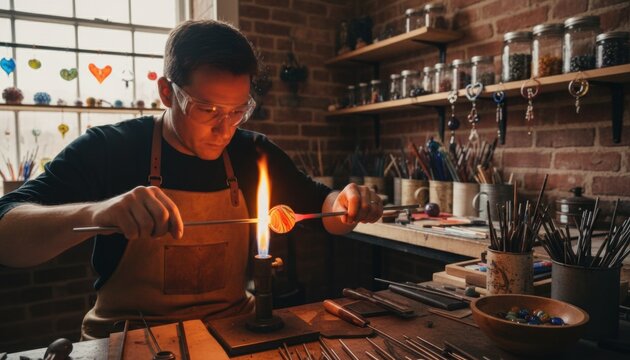 Skilled glassblower using torch flame to shape molten glass orb in rustic brick studio filled with tools and glass art pieces