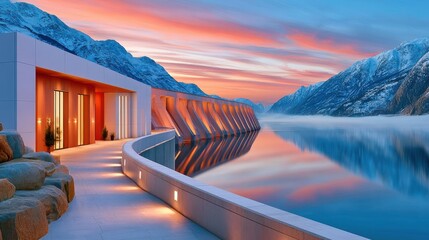 Naklejka premium Illuminated hydropower dam and modern waterside building at sunset in snowy mountain landscape