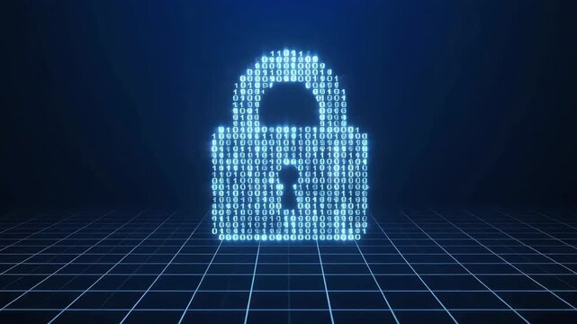 Cyber security padlock forming from blue data particles in digital space