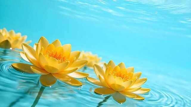 Yellow water lilies floating on blue water
