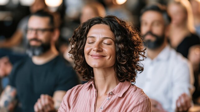 Smiling woman with closed eyes practicing mindfulness meditation during a wellness group session. Concept of mental health, relaxation, emotional balance, stress reduction, self-care, mindfulness, yog