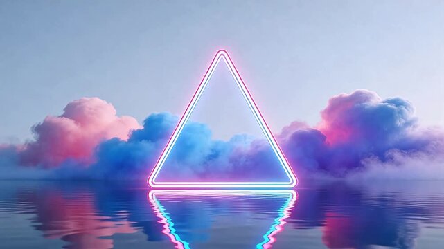 Neon triangle over water with colorful clouds