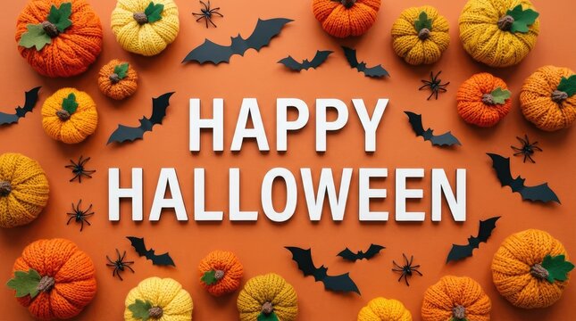 Happy halloween background with pumpkins bats and spiders