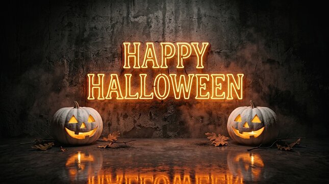 Happy halloween neon sign with jack o' lanterns festive autumn holiday scene
