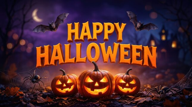 Happy halloween pumpkins bats and spiders on spooky night
