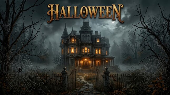 Spooky halloween night a haunted mansion on a dark and stormy night