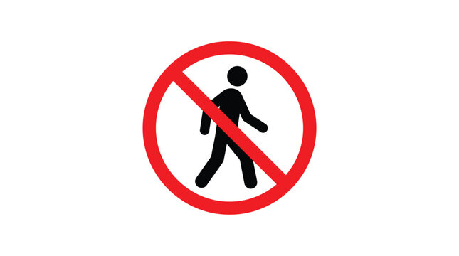 Black silhouette of a walking person inside a bold red circular prohibition sign representing a no pedestrian crossing zone isolated on a plain white background