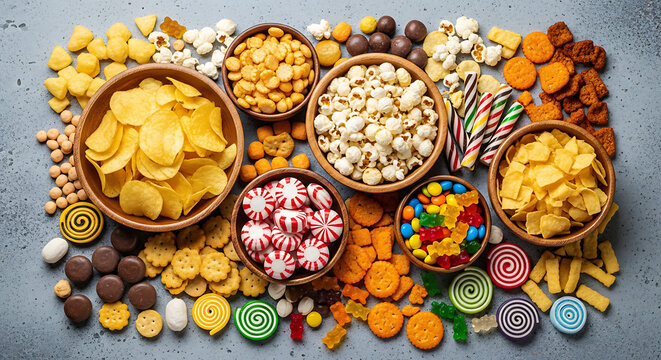 A colorful assortment of various snacks and sweets arranged on a textured surface.