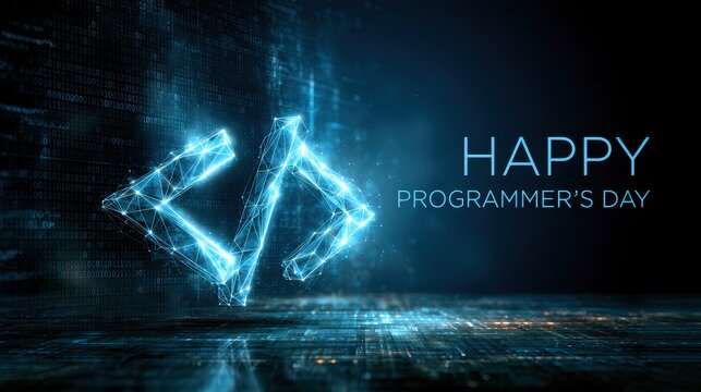 Glowing code tag for Programmer's Day. Tech celebration background.