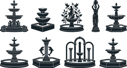 Classic garden fountain vector icons set with water fountains statues and cascades silhouettes © Smith