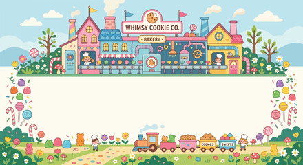 Obraz premium A whimsical vector illustration featuring a colorful cookie factory, a candy-filled train, and plenty of space for text in the center.