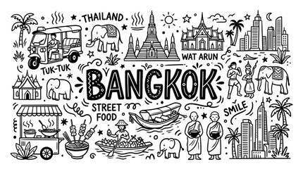 Obraz premium Bangkok Thailand Travel Landmarks and Cultural Symbols in Black and White Hand Drawn Doodle Style