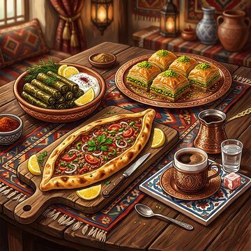 Traditional turkish dinner table with pide and baklava