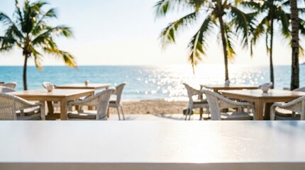 Fototapeta premium Beachside Restaurant Tables with Palm Trees and Ocean View for Web Design