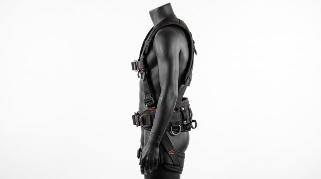 Side view of a padded black fall arrest harness fitted on a grey mannequin torso isolated on a pure white background