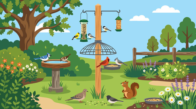 Squirrel and birds on feeder pole.