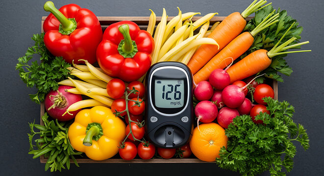 Fresh vegetables and a glucose meter symbolizing healthy eating for diabetes management.