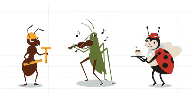 Funny cartoon insects with different human professions and hobbies