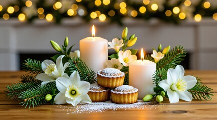 Fototapeta premium Lit candles and pastries sit on a wooden table with white flowers and pine branches. Soft bokeh lights create a warm and inviting holiday atmosphere for winter gatherings, a cozy festive setup.