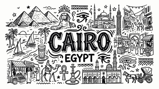 Cairo Travel Landmarks and Egyptian Cultural Symbols in Hand Drawn Doodle Style