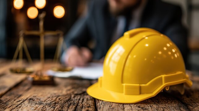 Yellow construction safety helmet placed on a wooden table with legal professionals blurred in the background, symbolizing workplace safety regulations, construction law, labor legislation, occupation