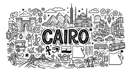 Obraz premium Cairo Travel Landmarks and Egyptian Cultural Symbols in Hand Drawn Doodle Style