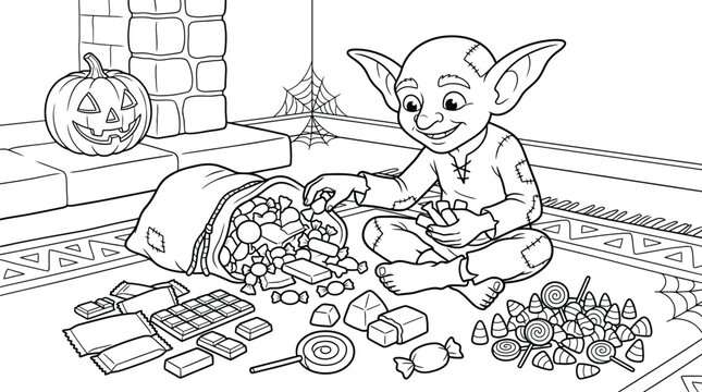 Halloween goblin sorting candy coloring page