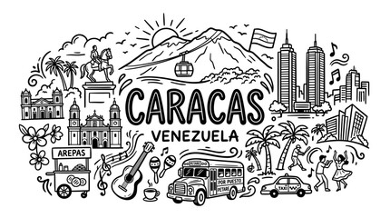 Obraz premium Caracas Venezuela Landmarks and Cultural Symbols in Hand Drawn Travel Doodle Style