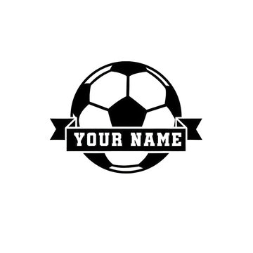 Soccer ball logo design with custom name ribbon banner isolated on white background