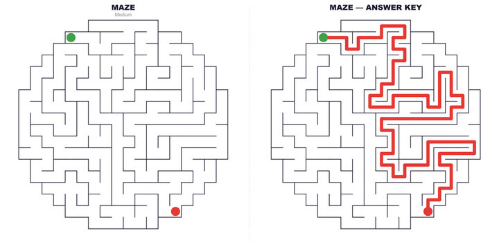 Maze puzzle. Medium difficulty 18&times;18 grid printable worksheet. Fun brain game for students and homeschoolers