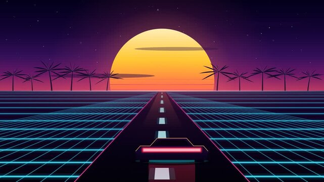 Retro synthwave drive toward sunset looped animation