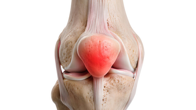 Patellofemoral pain syndrome knee joint anatomy medical education image showing anterior kneecap pain inflammation focus, realistic patella cartilage tendon detail on white background
