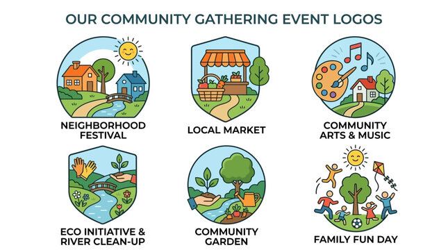 vector community gathering event logos showcasing neighborhood festival, local market, community arts & music, eco initiative and river clean-up, community garden, family fun day